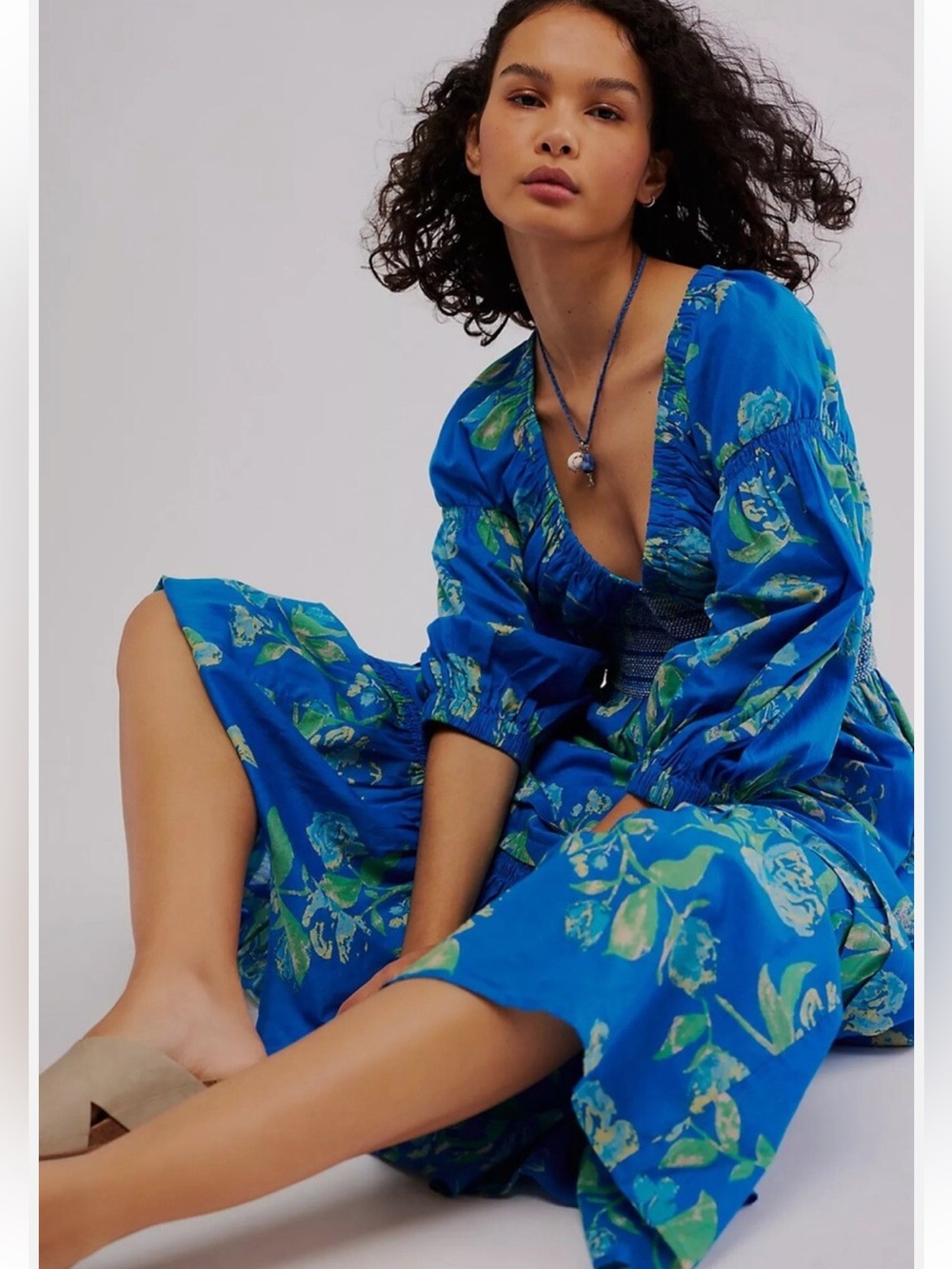 Free People NWT Blue Green Floral Tiered Maxi Dress Smocked Puff Sleeve Sz S